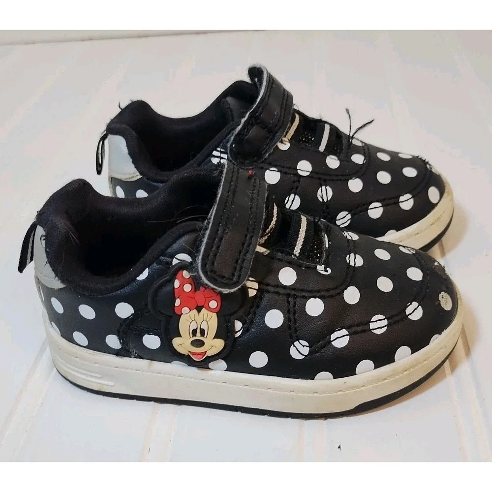 Disney Minnie Mouse Court‎ Sneakers Toddler Girl Size 5 Black White Polka Dots